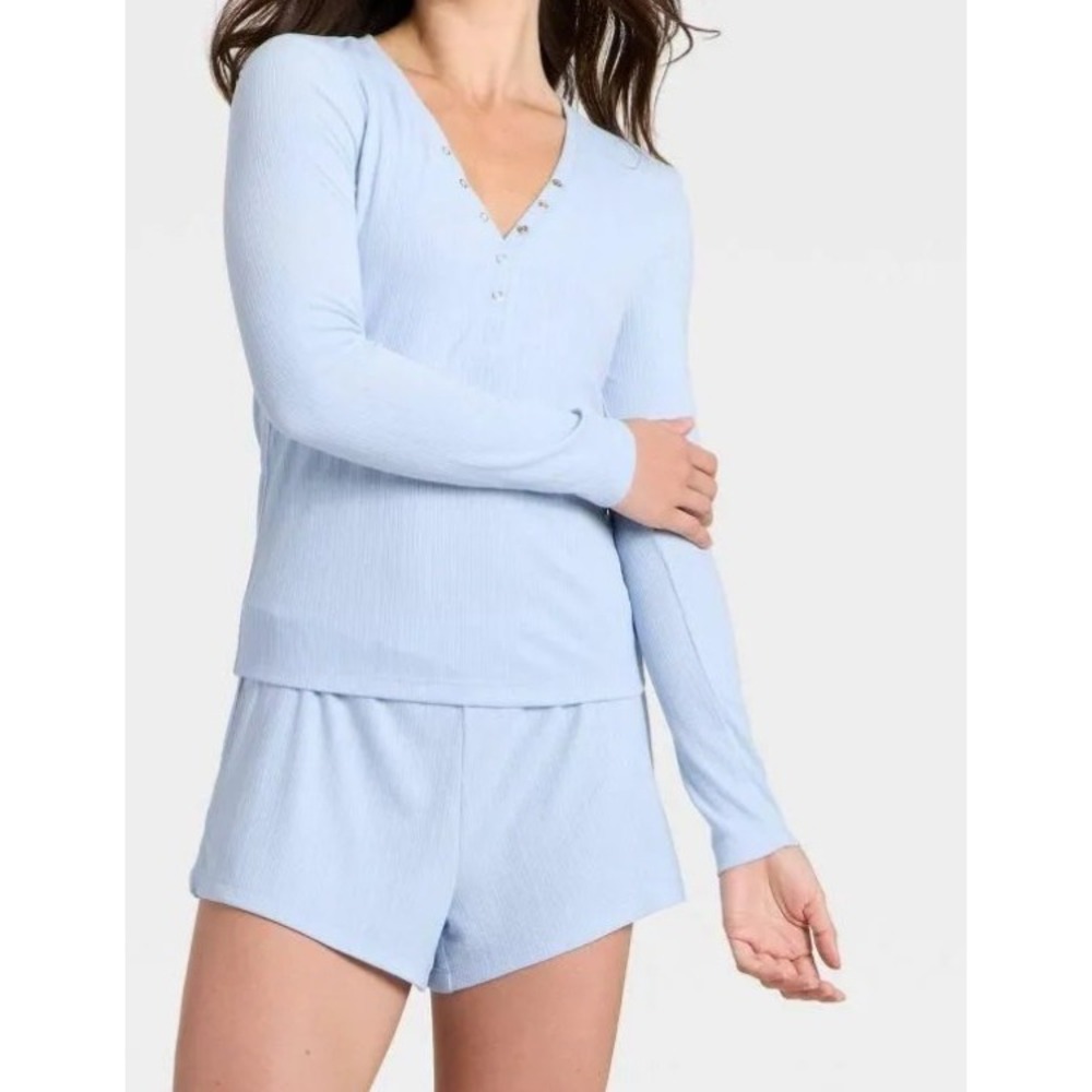 Auden Sleepwear Womens XL Blue ribbed  Long Sleeve Top & Shorts Pajama Set